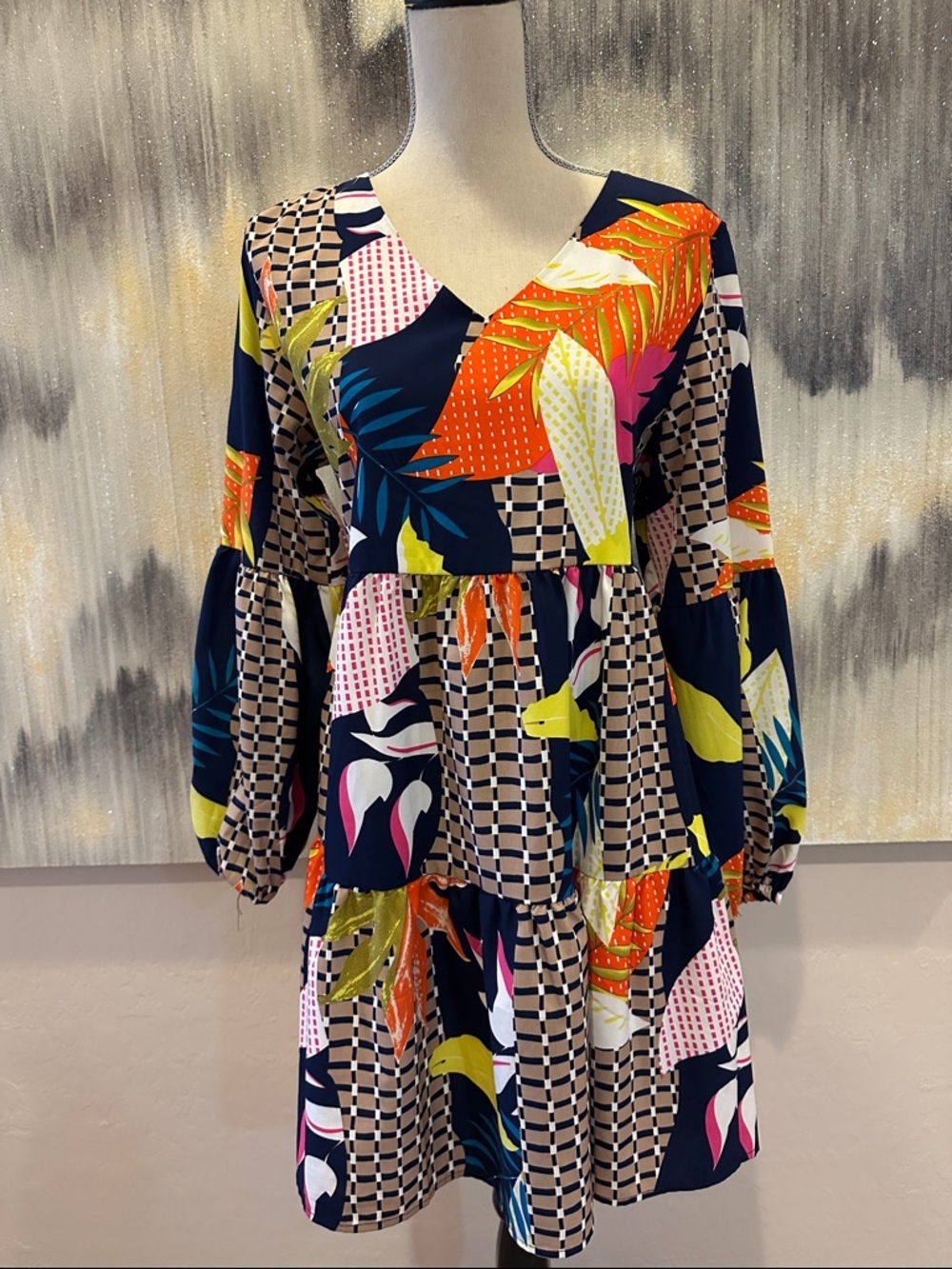 Navy Tropical Floral Tiered V-Neck Dress